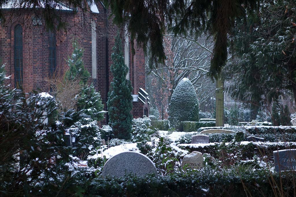 Schneebedeckte Sträucher und Grabsteine auf dem Friedhof Berlin-Grunewald
